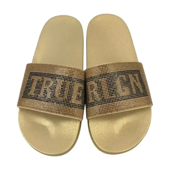 True Religion Jasmin Slide Sandals Gold Bling Rhinestone Studded Spellout - Picture 2 of 7
